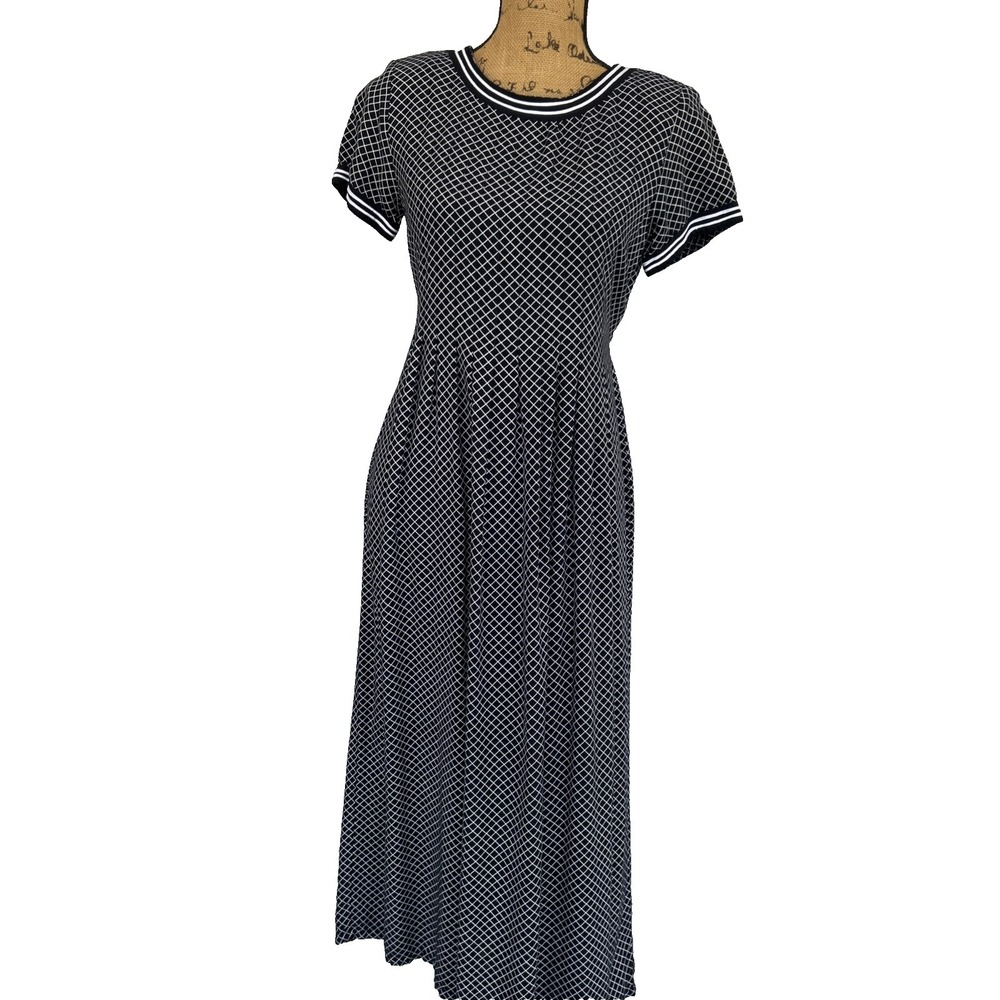 Vtg Sarah Elizabeth Dress Sz 6‎ Midi Black White Short Sleeve Pleated Tie Back